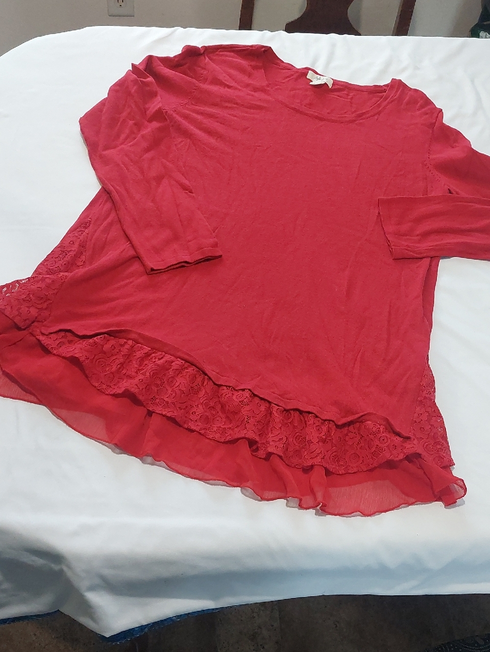 Style & Co. Red Knit Crewneck Top. Long And Ruffly .Size L